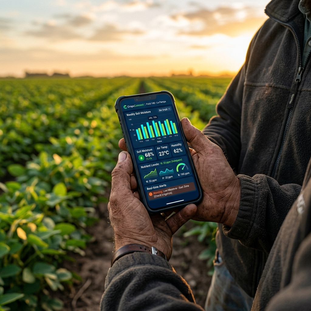 Productor usando CropsConnect en el campo